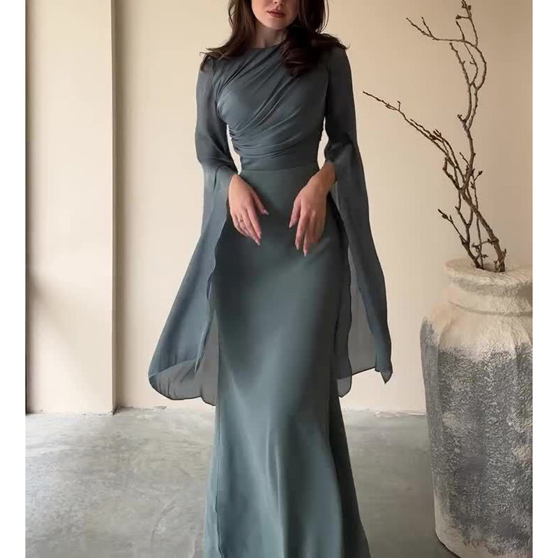 Modest Satin Maxi Evening Dress with Split Sleeves