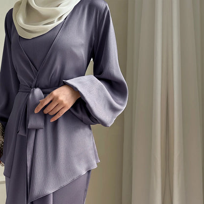 Women's Two-Piece Satin Abaya Set Purple