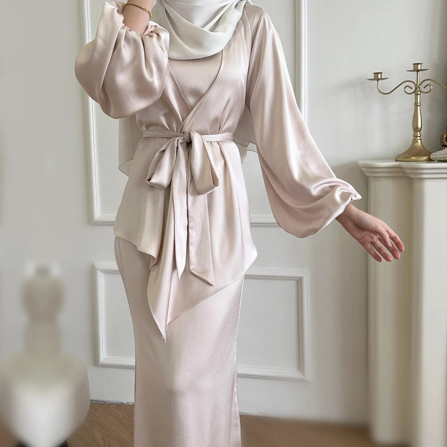 Women's Two-Piece Satin Abaya Set Beige