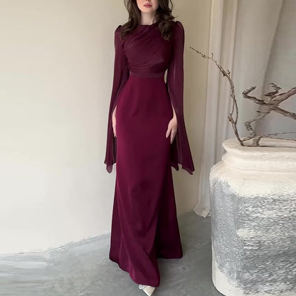 Modest Satin Maxi Evening Dress with Split Sleeves