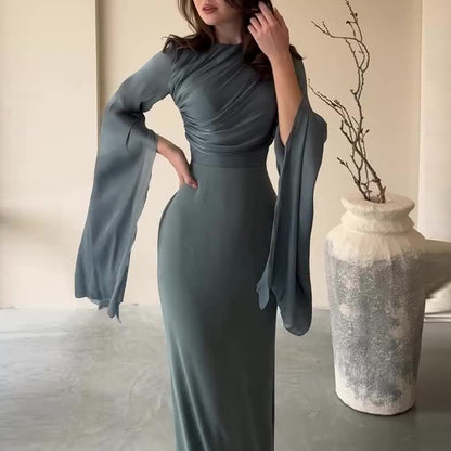 Modest Satin Maxi Evening Dress with Split Sleeves