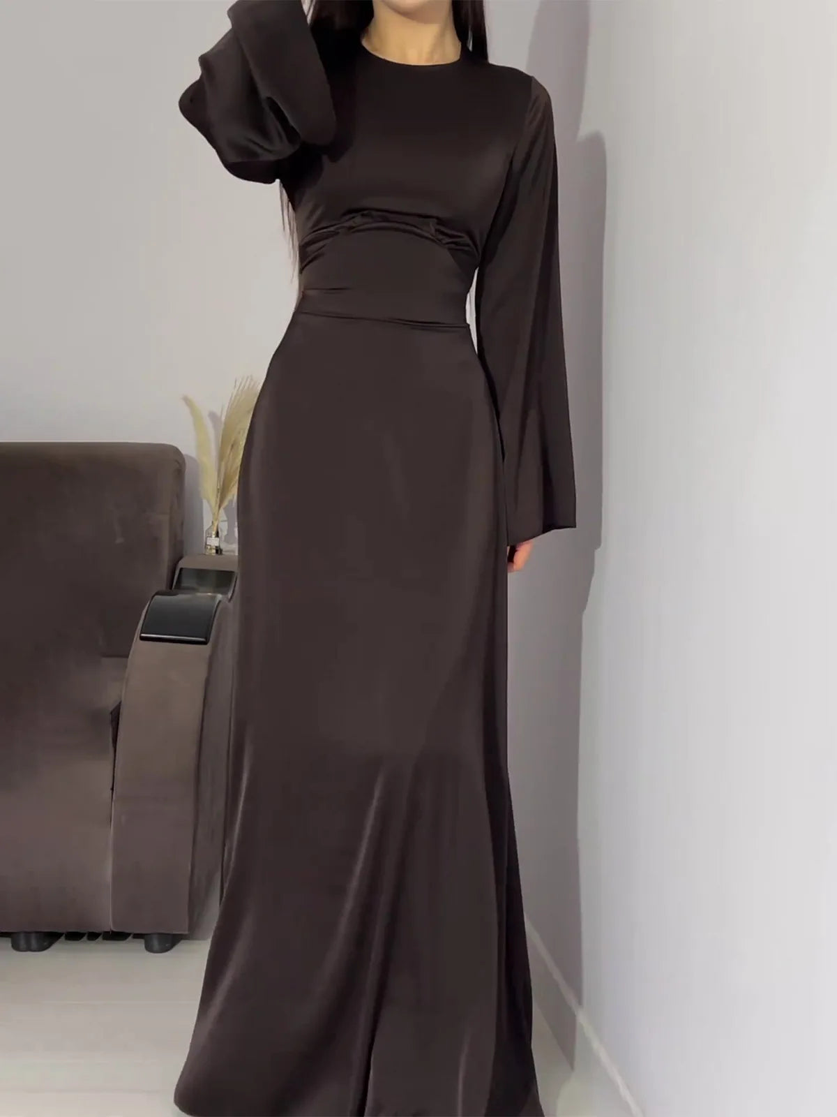 Elegant Satin Maxi Dress with Flare Sleeves