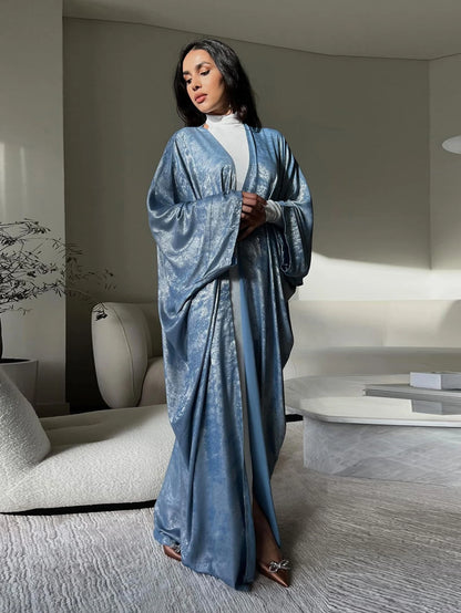 Satin Open Kimono Abaya – Modest Maxi Kaftan with Batwing Sleeves