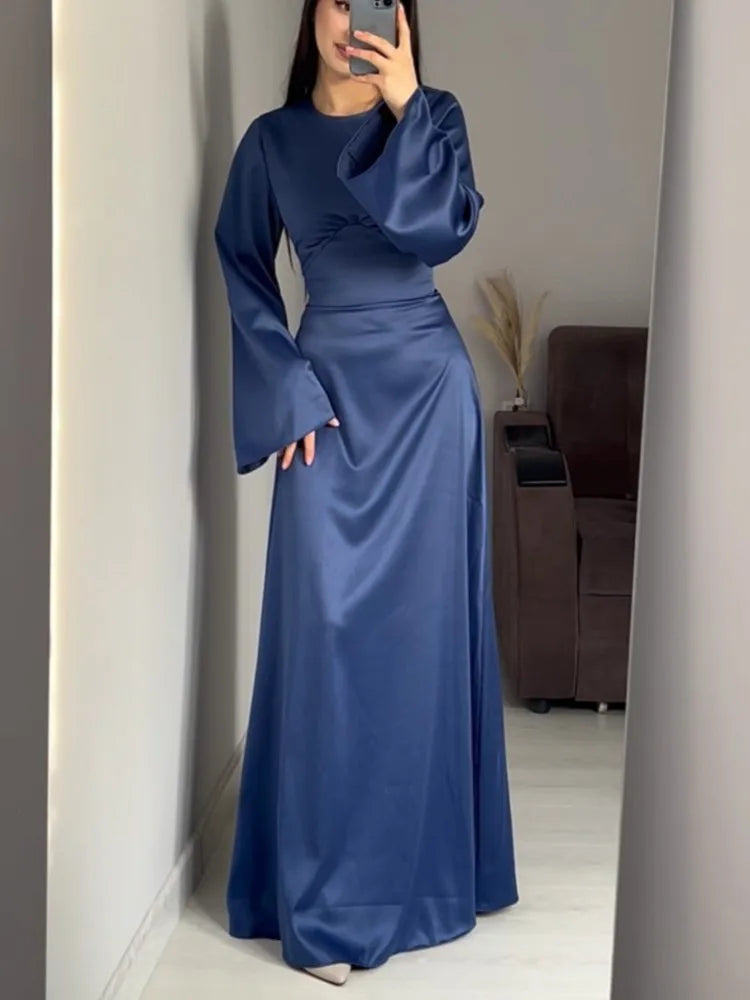 Elegant Satin Maxi Dress with Flare Sleeves