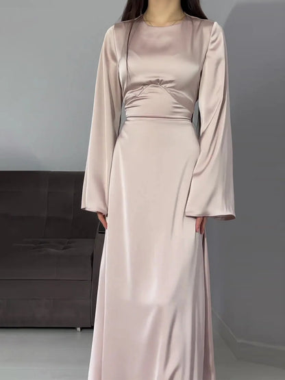 Elegant Satin Maxi Dress with Flare Sleeves