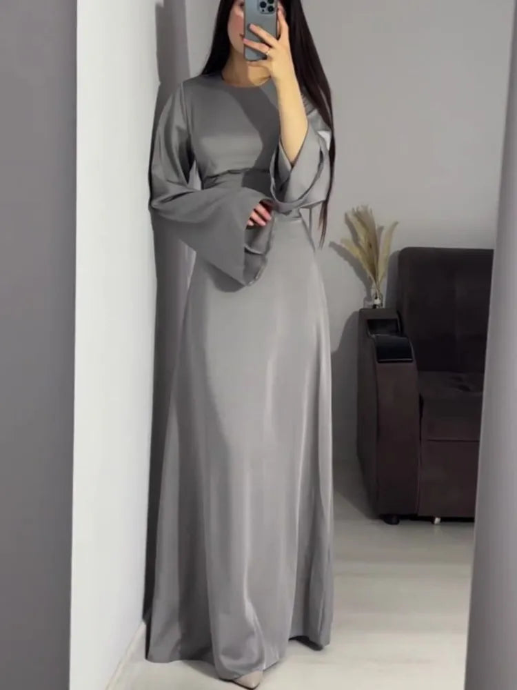 Elegant Satin Maxi Dress with Flare Sleeves