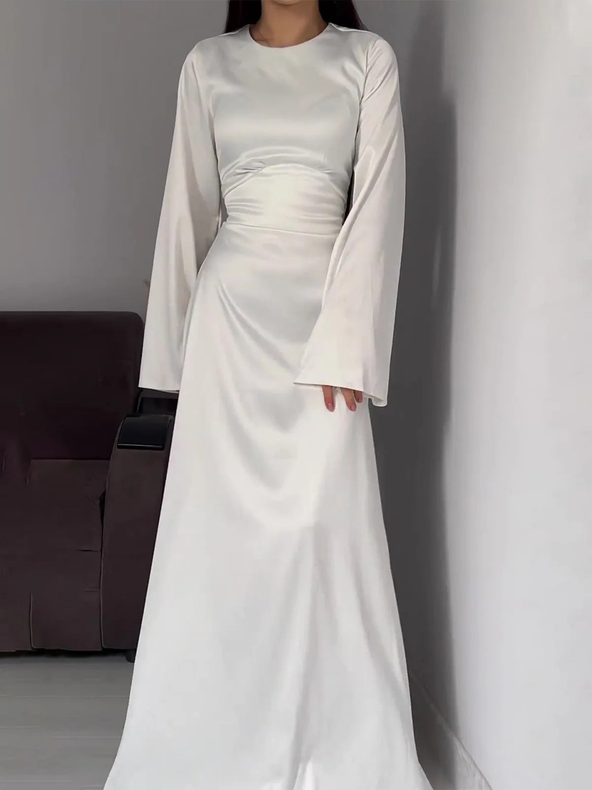 Elegant Satin Maxi Dress with Flare Sleeves