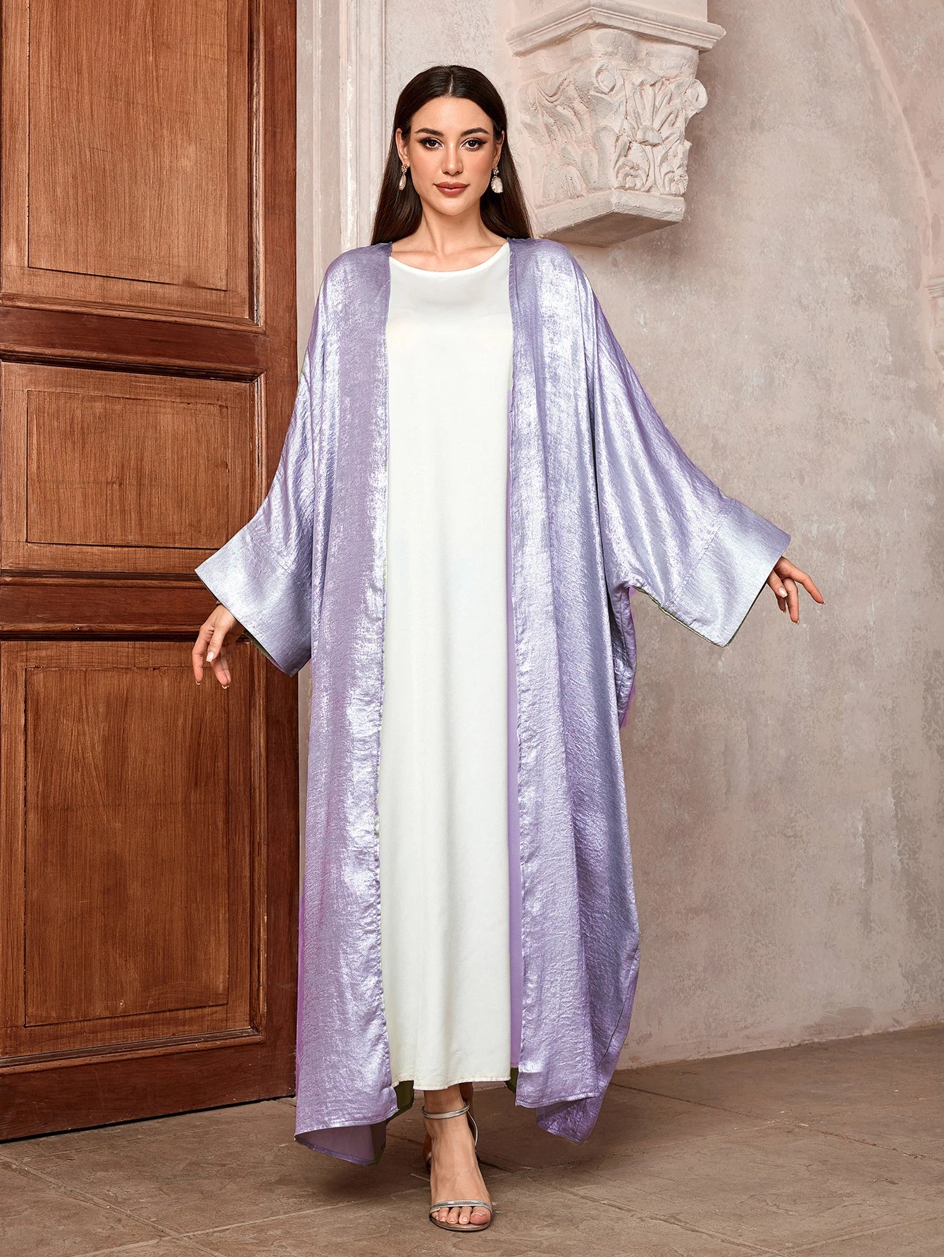 Satin Open Kimono Abaya – Modest Maxi Kaftan with Batwing Sleeves