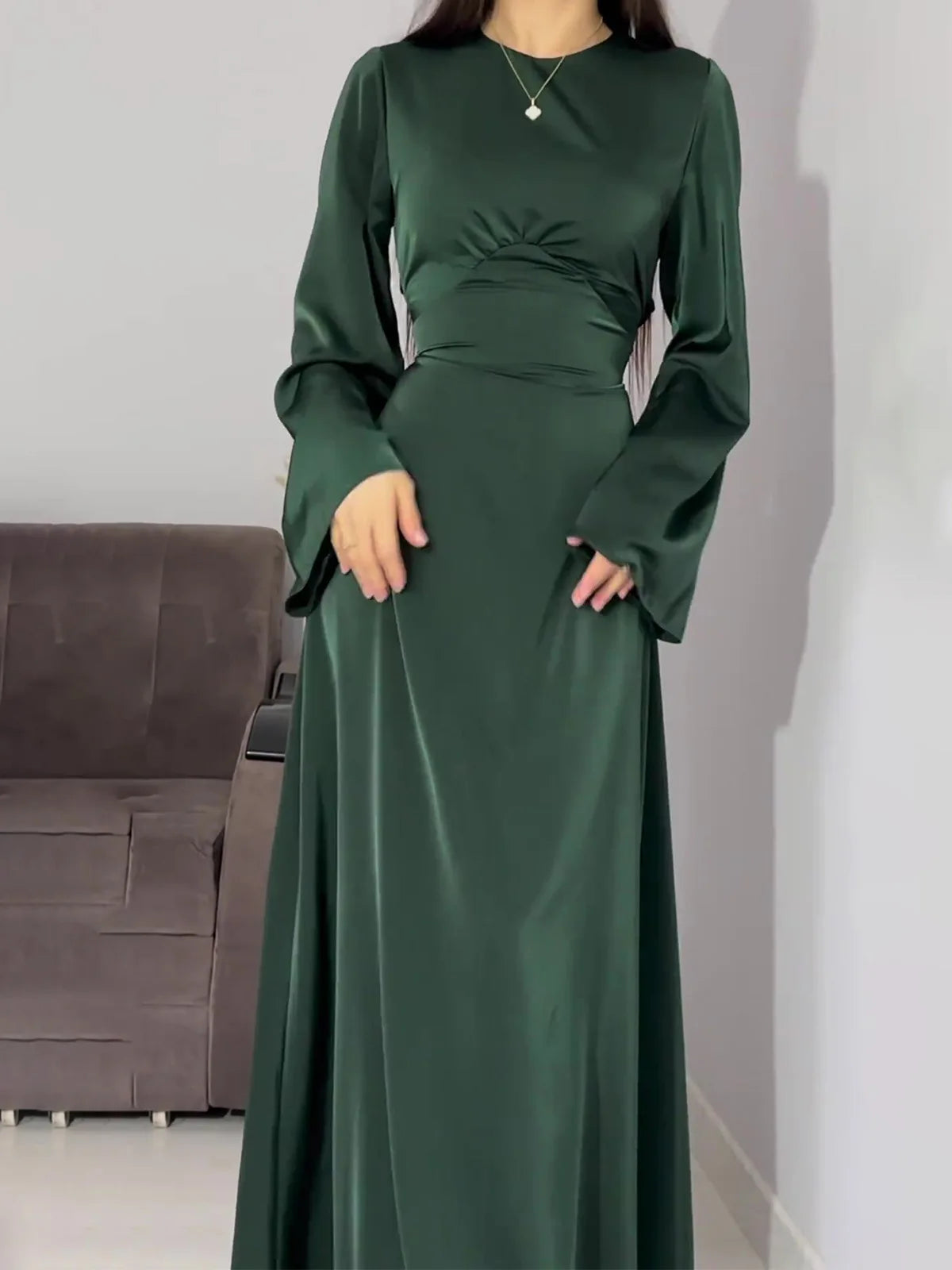 Elegant Satin Maxi Dress with Flare Sleeves