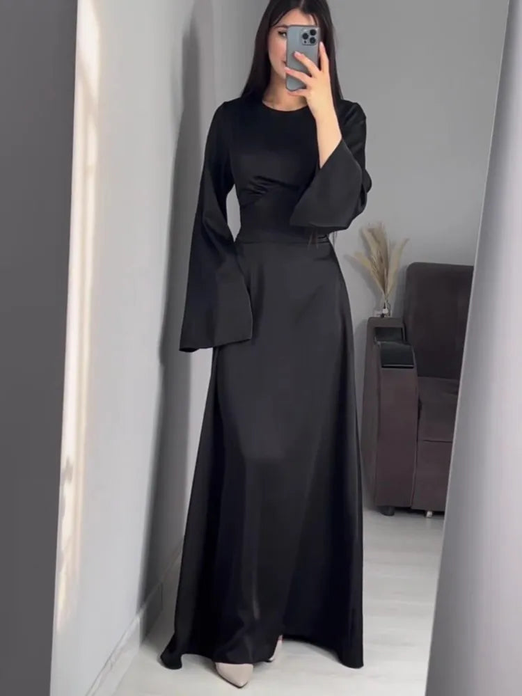 Elegant Satin Maxi Dress with Flare Sleeves