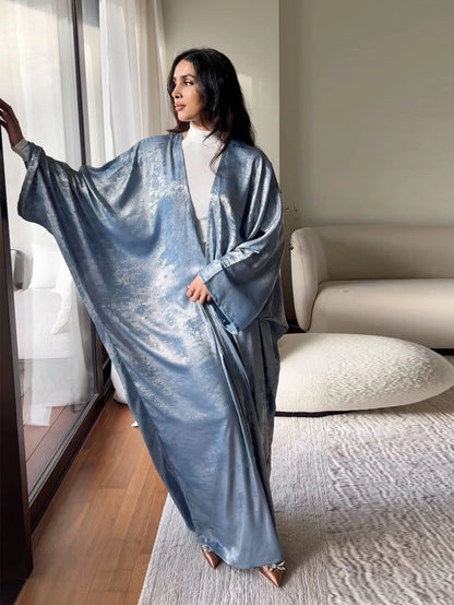 Satin Open Kimono Abaya – Modest Maxi Kaftan with Batwing Sleeves