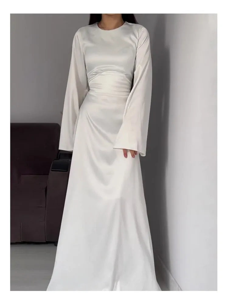 Elegant Satin Maxi Dress with Flare Sleeves