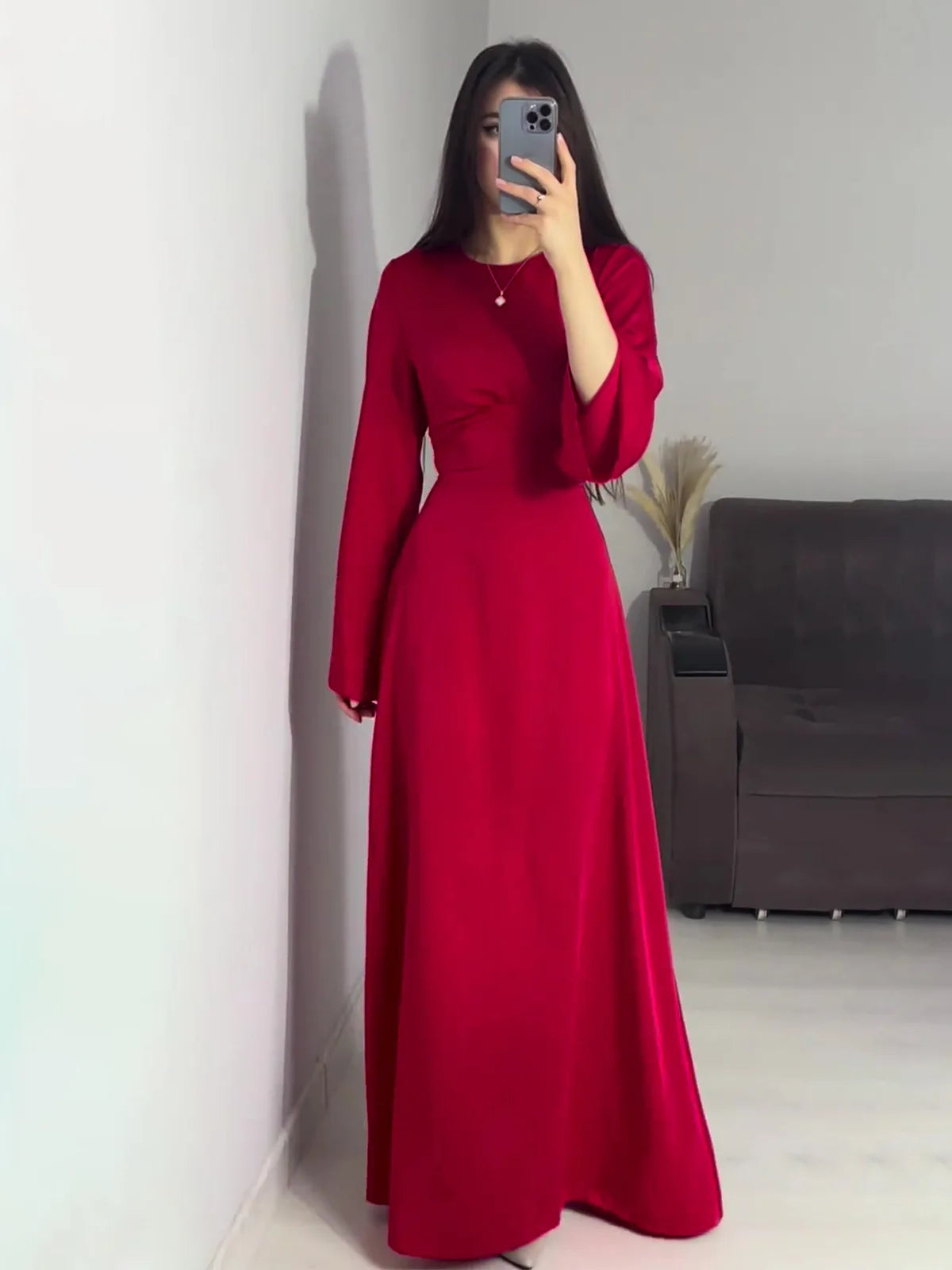 Elegant Satin Maxi Dress with Flare Sleeves