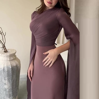 Modest Satin Maxi Evening Dress with Split Sleeves