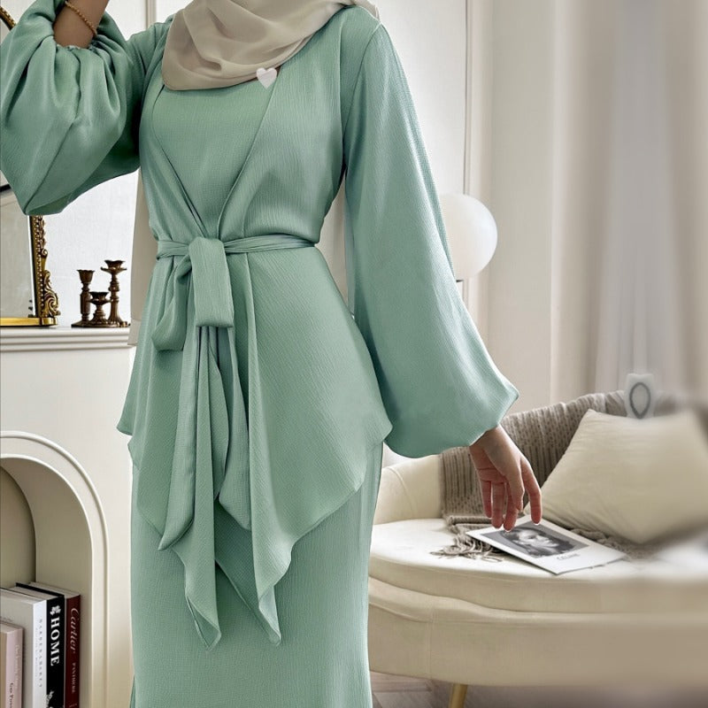 Women's Two-Piece Satin Abaya Set Sky Blue